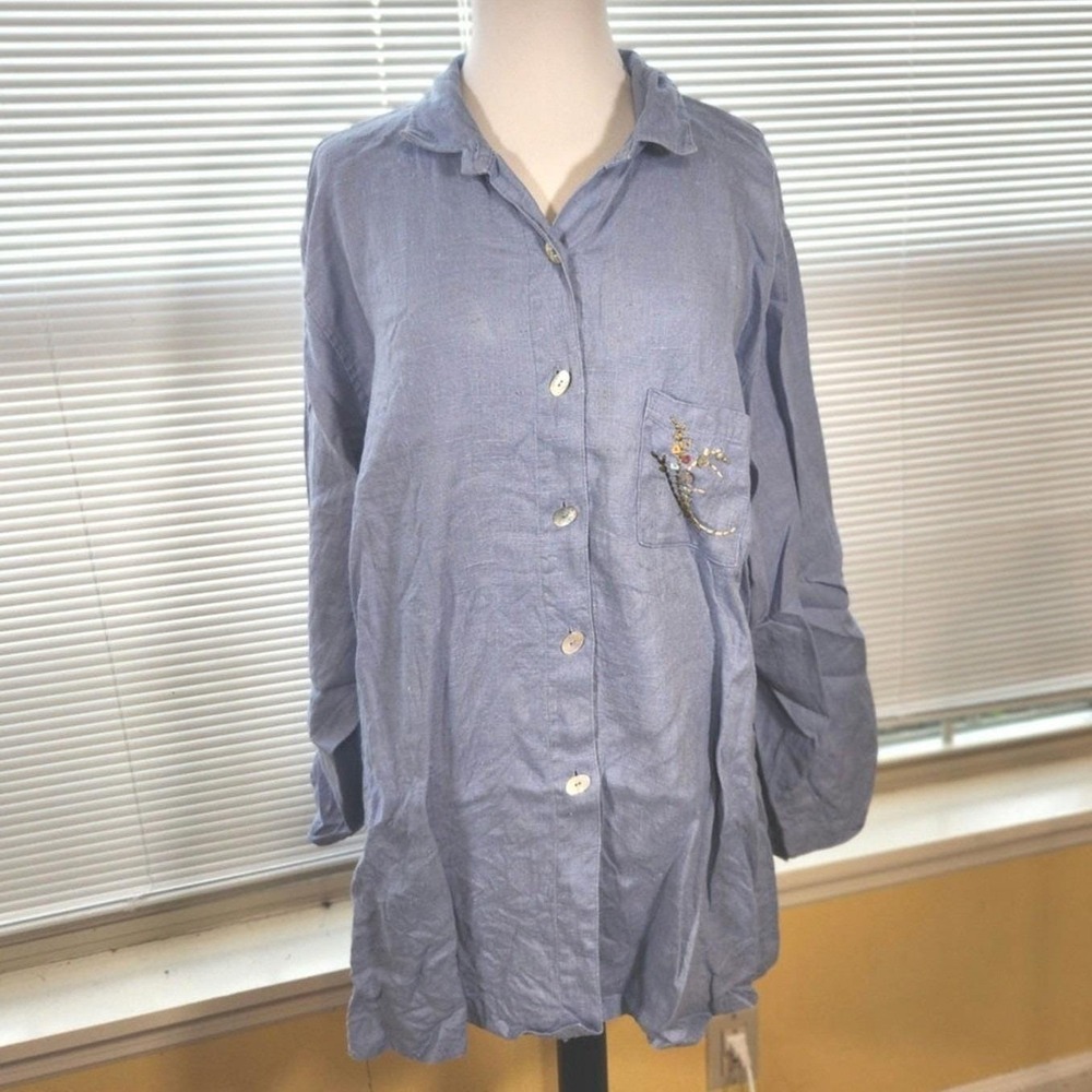 Vintage 90s Nino Wong 2X $120 Blue 100% Linen Floral Embroidered Button Up Tunic